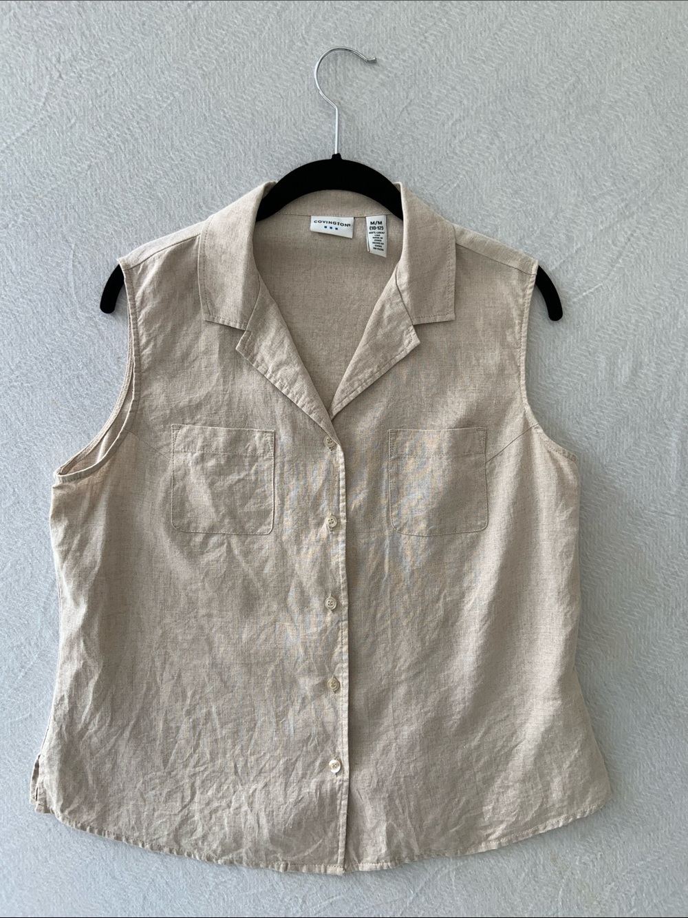 Covington Sleeveless Button-Front Linen Top in Beige